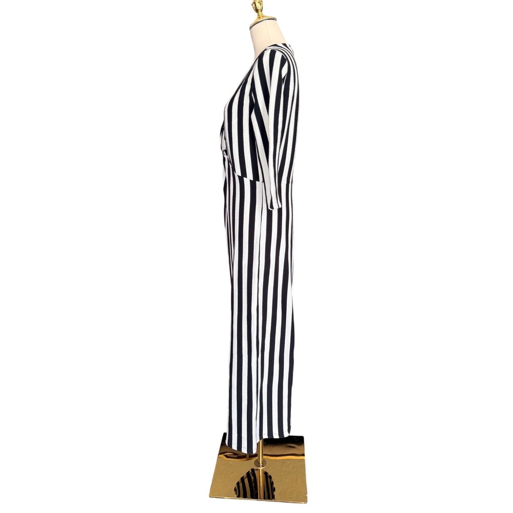 Lea & Viola Black White Striped Wide Leg Jumpsuit Twist Front V Neck Size Large - Picture 6 of 13